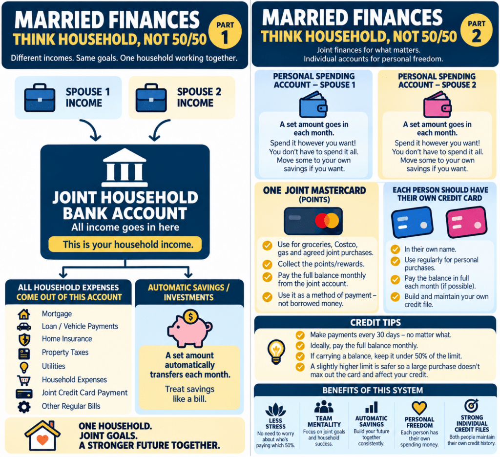 Infographic: Married Finances, Think Household, Not 50/50. Both incomes go into one joint household bank account that covers household expenses and automatic savings, alongside a joint points credit card, a personal spending account and an individual credit card for each spouse, plus credit tips.